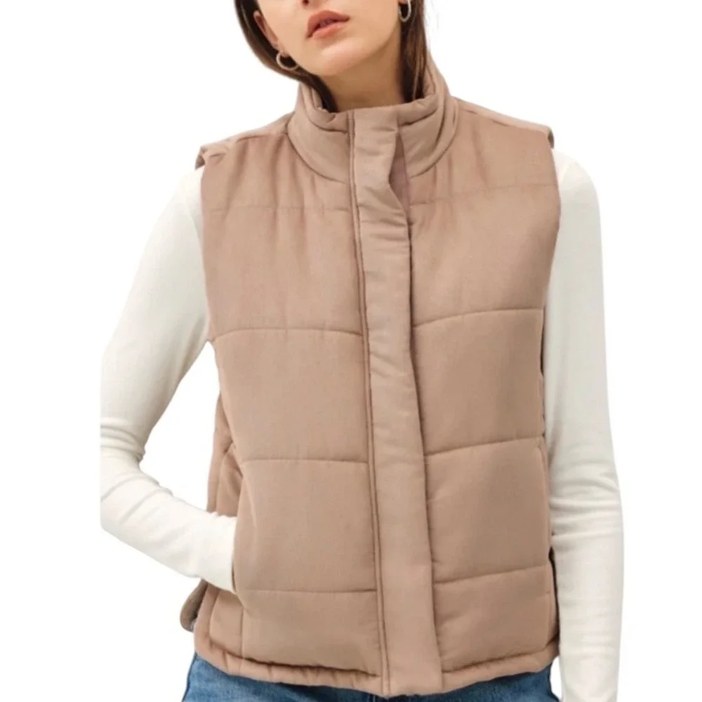 Becool Tan Quilted Puffer Vest Women L Sleeveless Stand Collar Zip Snap Front